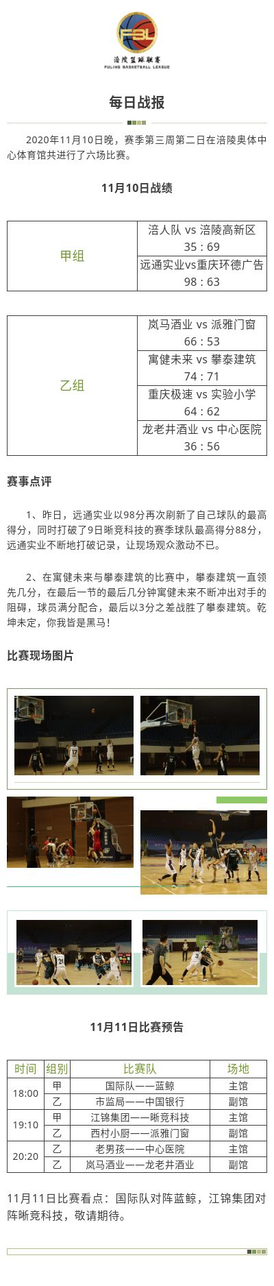 涪陵高新区·涪陵篮球联赛（FBL）2020赛季每日战报11.10