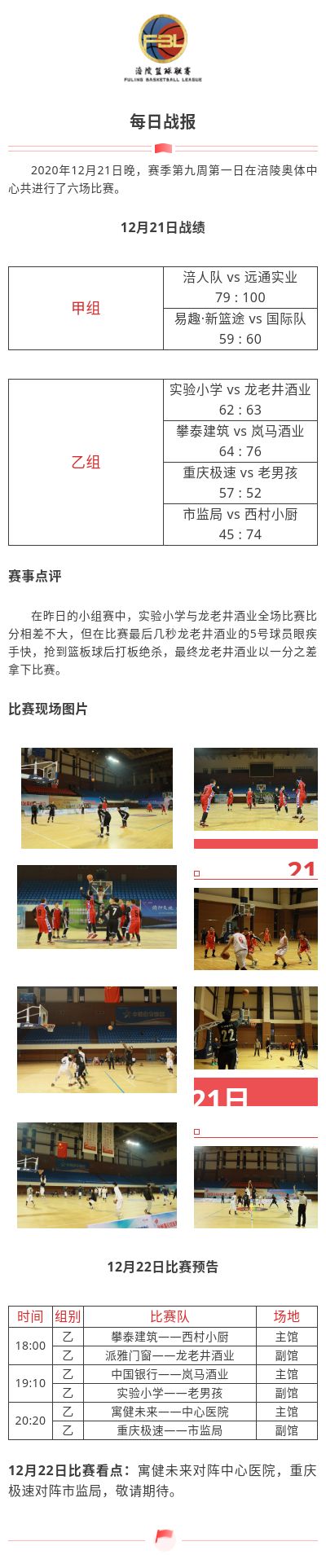 涪陵高新区·涪陵篮球联赛（FBL）2020赛季每日战报12.21